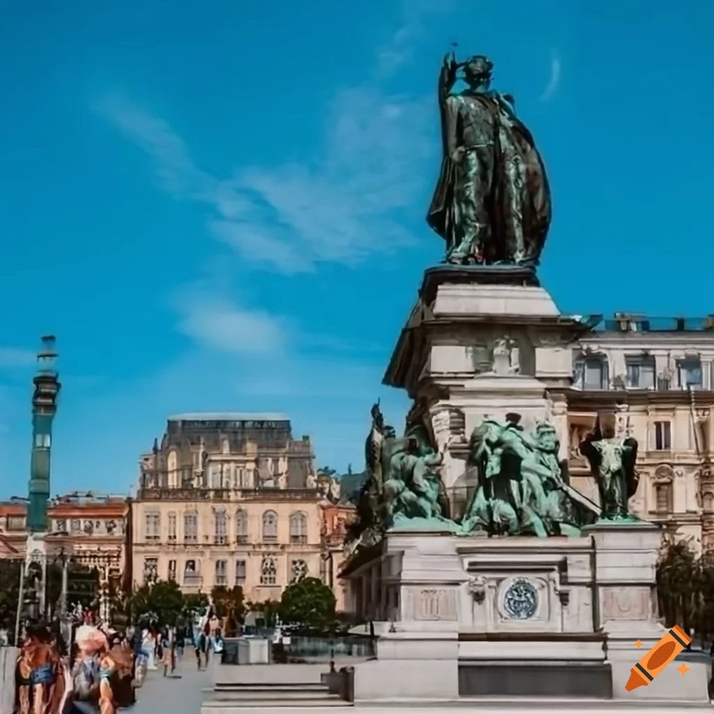 High statue of nobleman in a European city plaza with cars and tourists