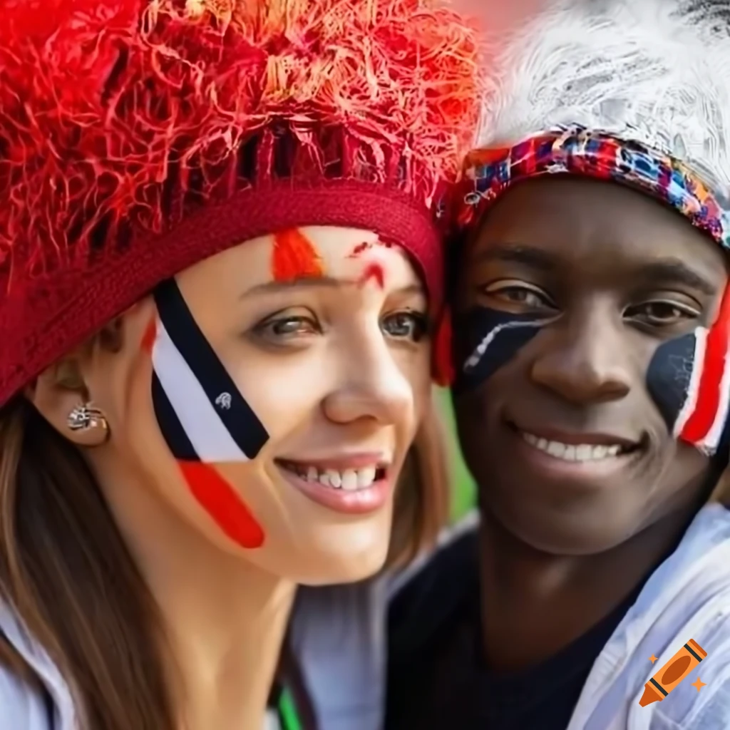 Multicultural soccer fans cheering with colorful scarves and hats