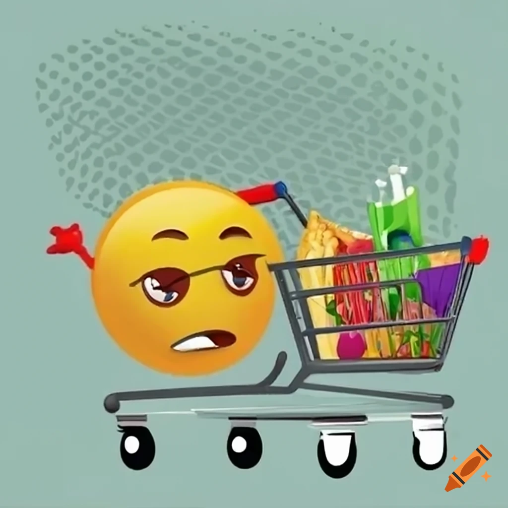 Nervous emoji pushing groceries in a shopping cart on Craiyon