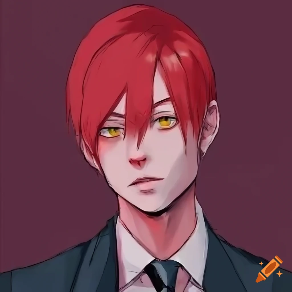 Intense-looking man in red suit and short crimson hair in Chainsaw Man Art