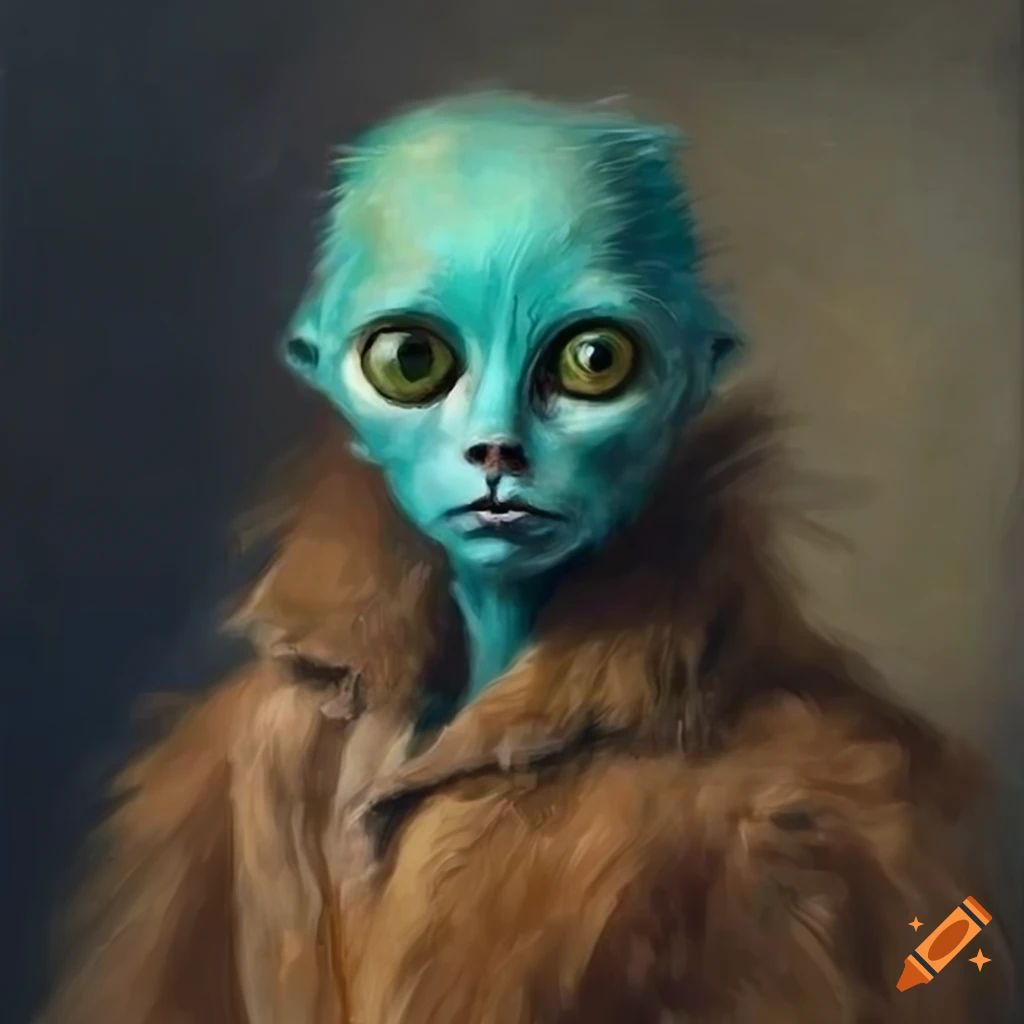 Enigmatic painting of a turquoise-colored cat and an otherworldly humanoid alien guy in a white and dark blue setting
