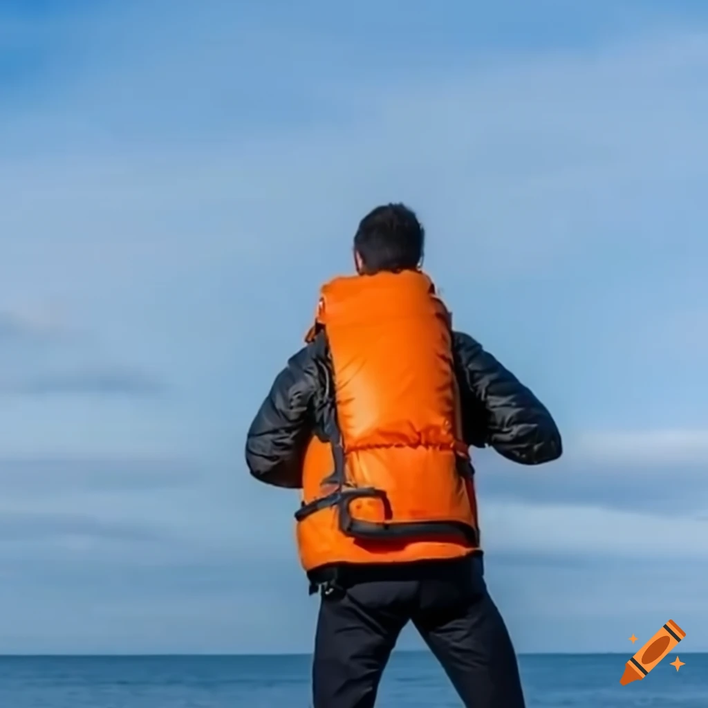 Man standing on a large life-jacket wearing a down jacket