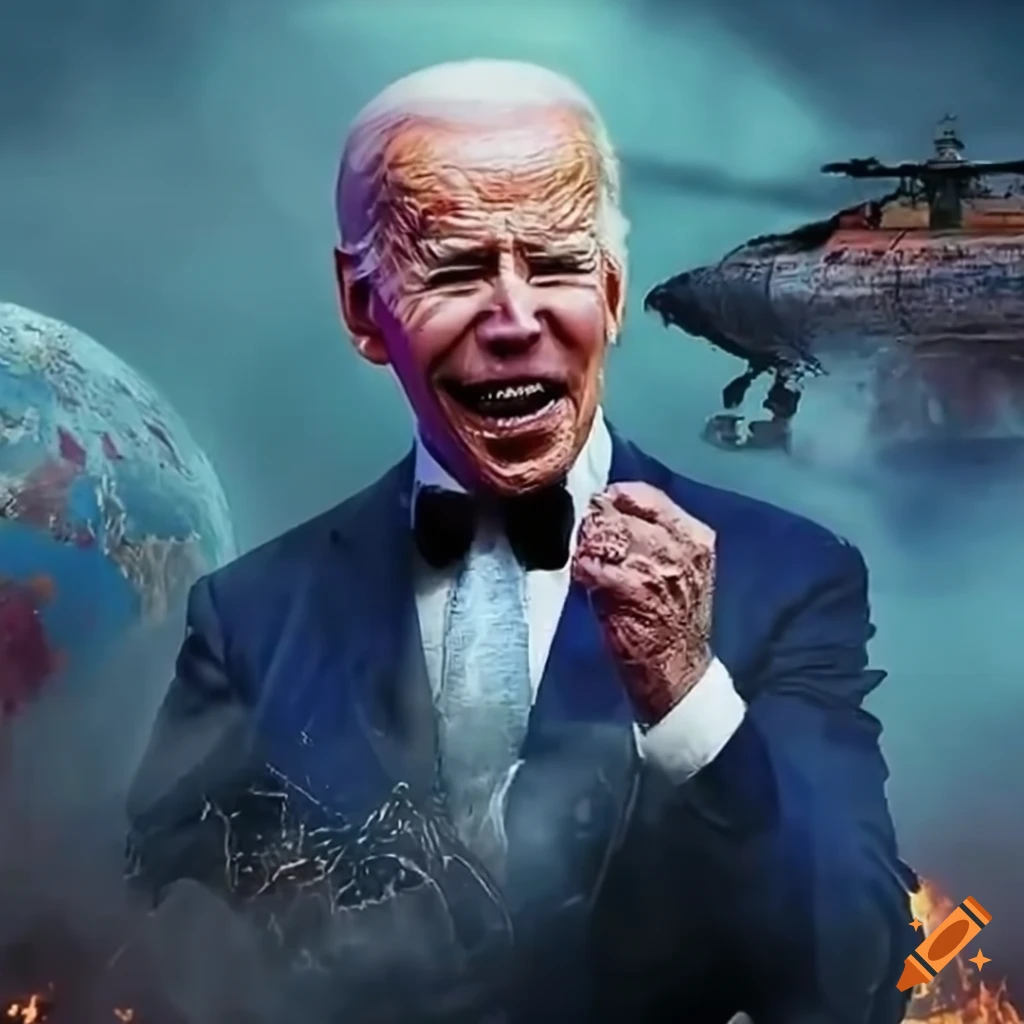 Actionpacked movie scene with photorealistic joe biden and burning