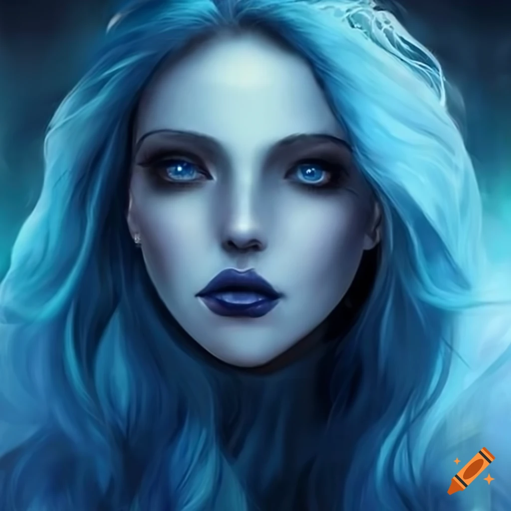 Fantasy Woman With Dark Blue Skin Blue Hair And Blue Eyes In Cloud Themed Clothing On Craiyon 4440