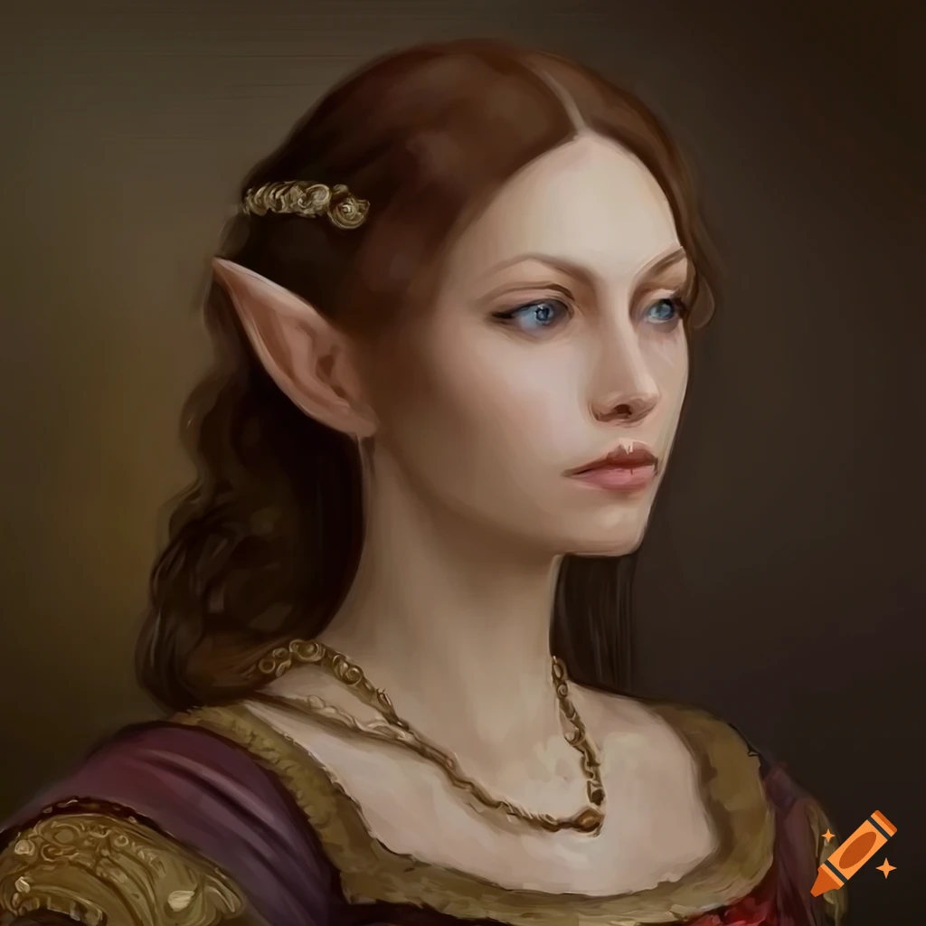 Renaissance painting of a brown haired elven councilwoman in a fantasy ...