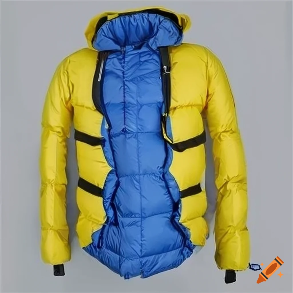 Blue and yellow lifejacket on padded waterproof coat in heavy rain