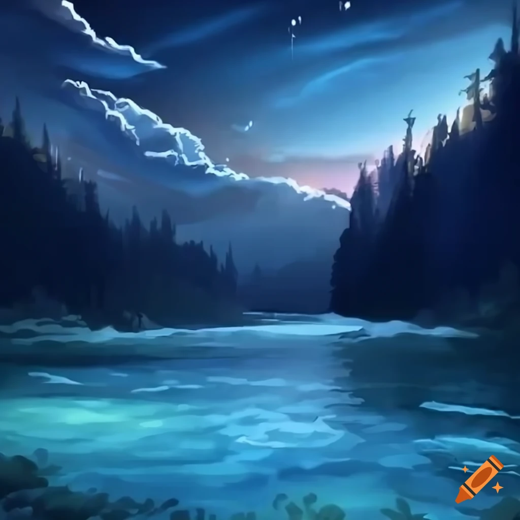 Beautiful blue river in anime style on Craiyon