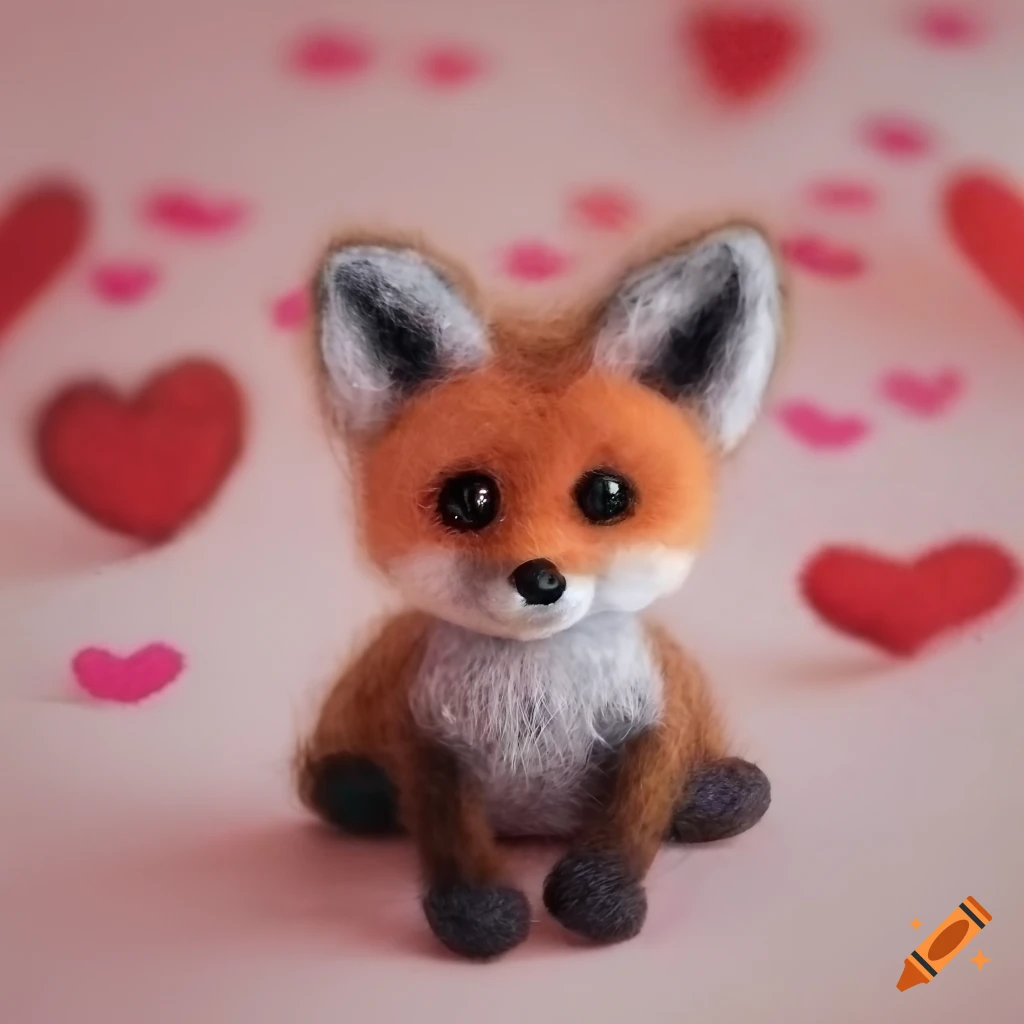 Baby fox surrounded by red hearts, made of felted wool with big cute eyes