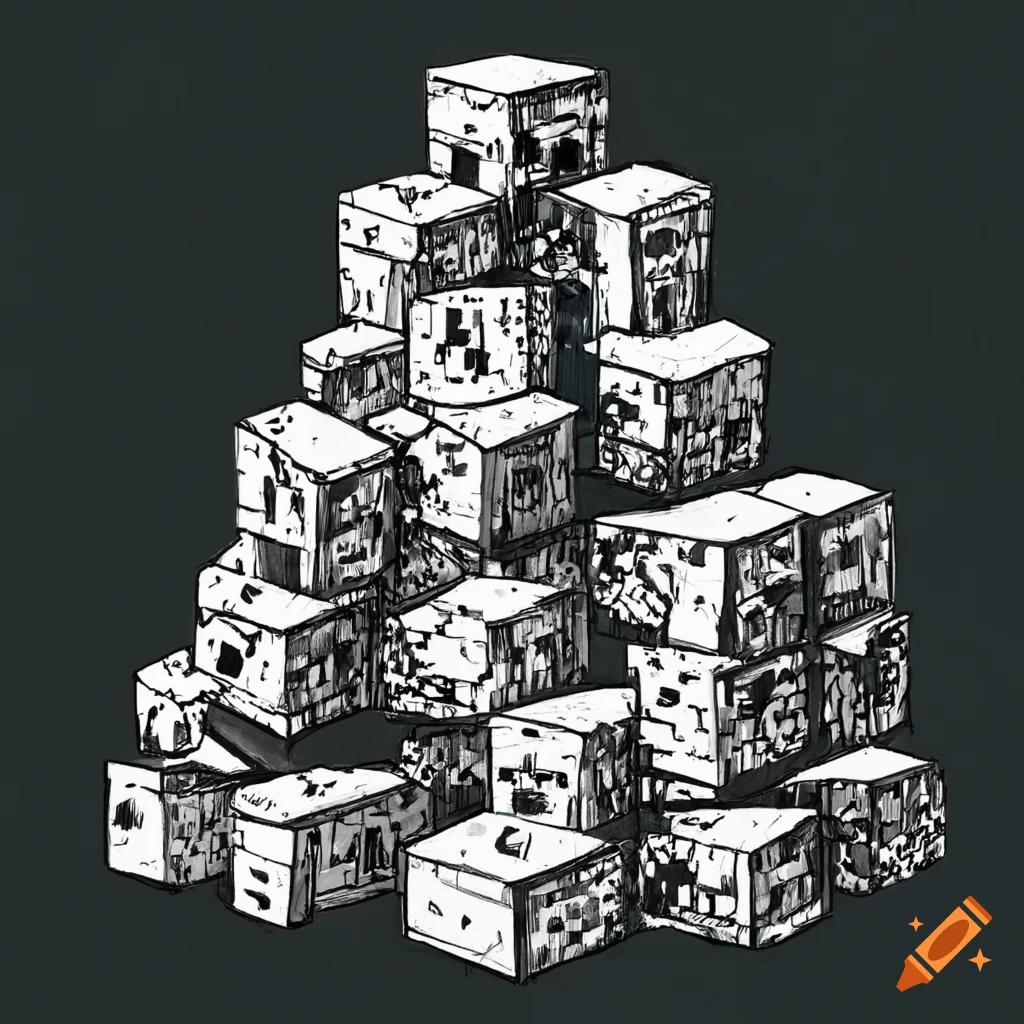 Ink drawing of a collection of minecraft blocks on Craiyon