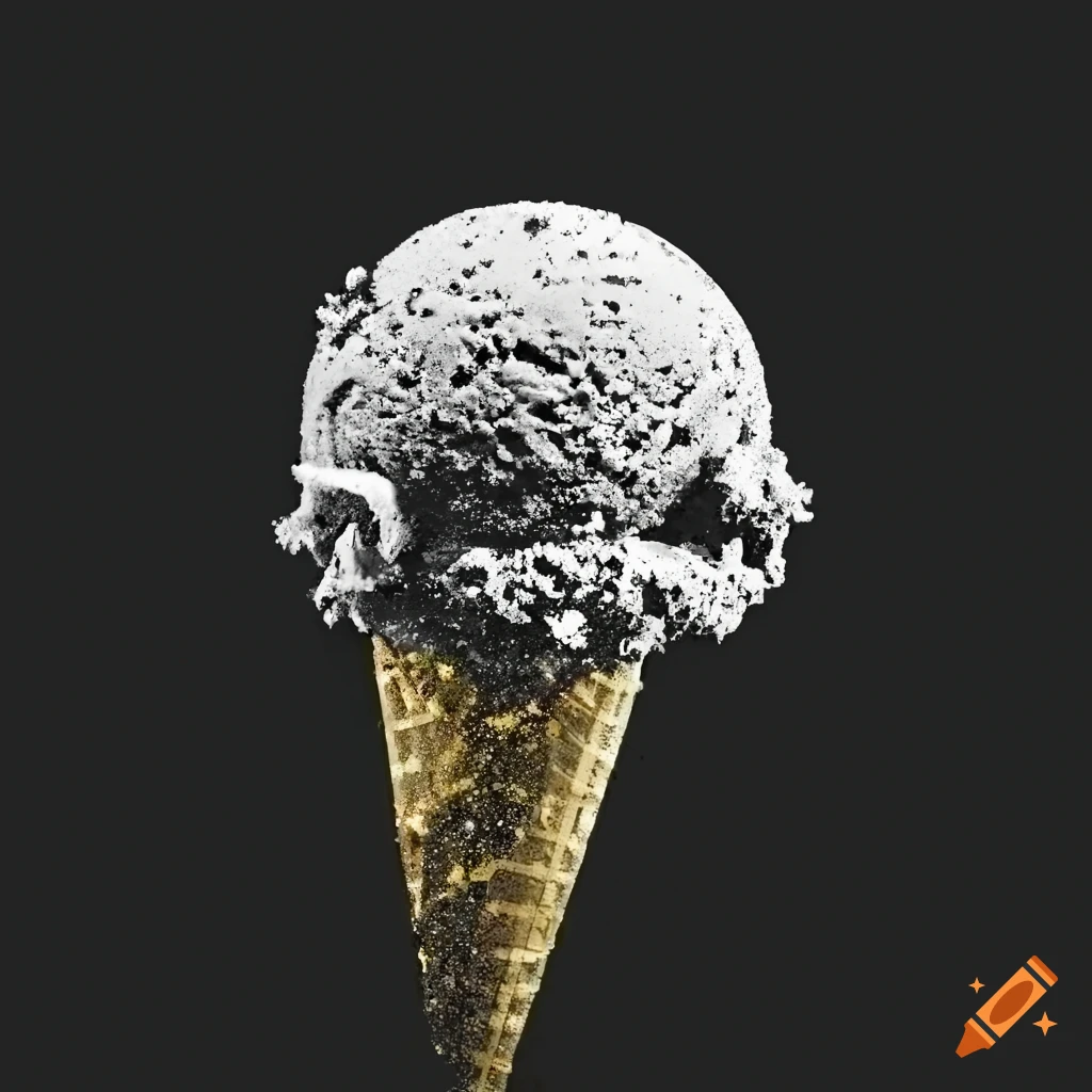 Grainy and glittery black and white ice cream texture resembling tv