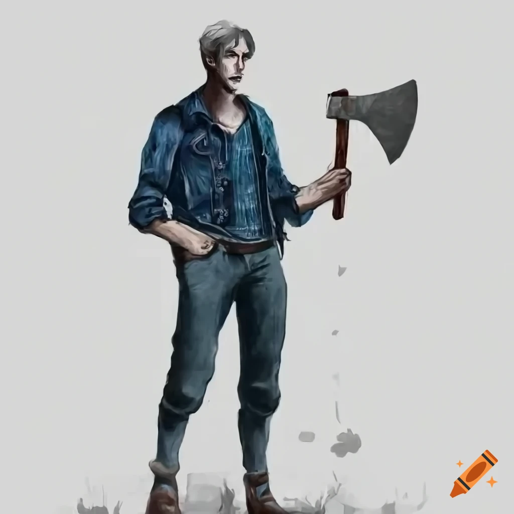 Muscular young man wearing blue flannel shirt and jeans, wielding tomahawks