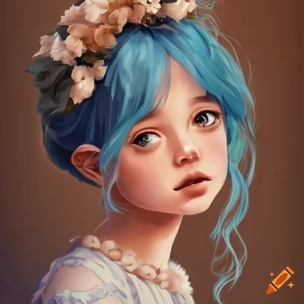 Cute cottagecore girl with blue hair and brown skin