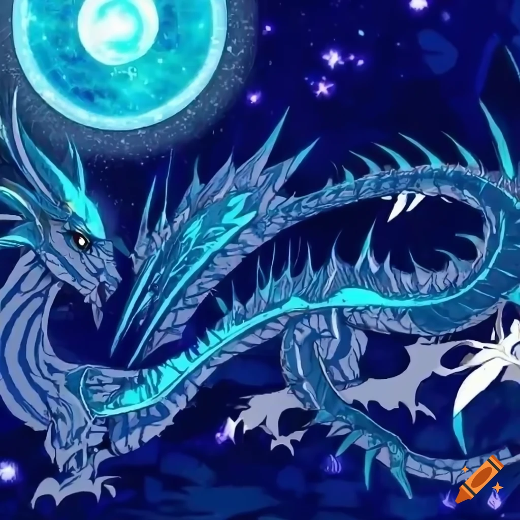 Stylised anime celestial lunar dragon in navy-blue, turquoise, and cyan ...