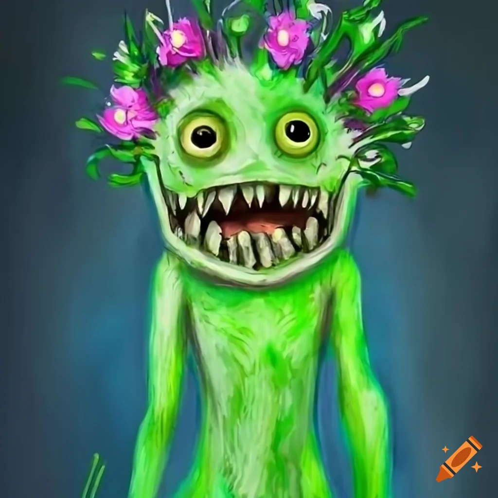 Child's drawing of a green and silver plant-monster with sharp teeth ...