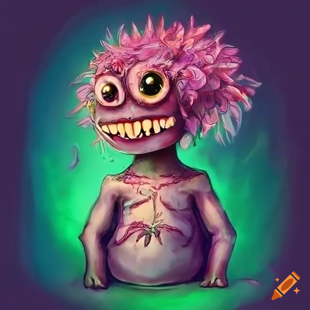 Adorable plantmonster collecting flowers in a warm light on Craiyon