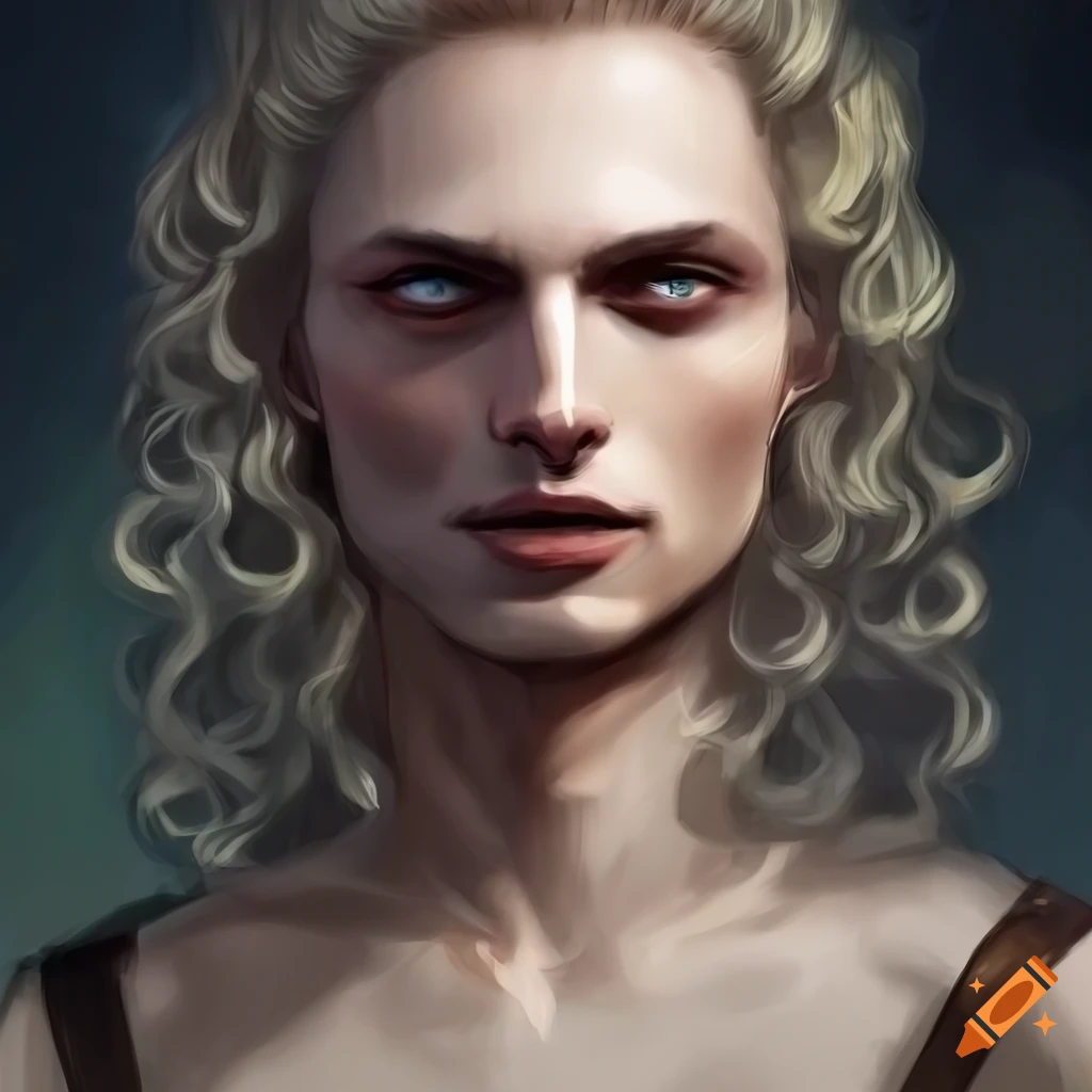 Illustration of a handsome male with long curly hair and medieval ...