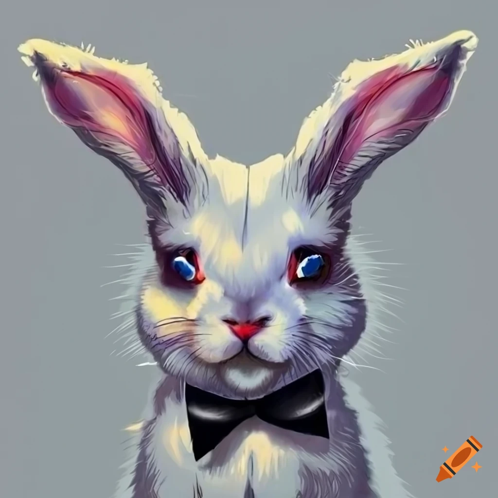 Adorable white rabbit with a big black ribbon around its neck on Craiyon