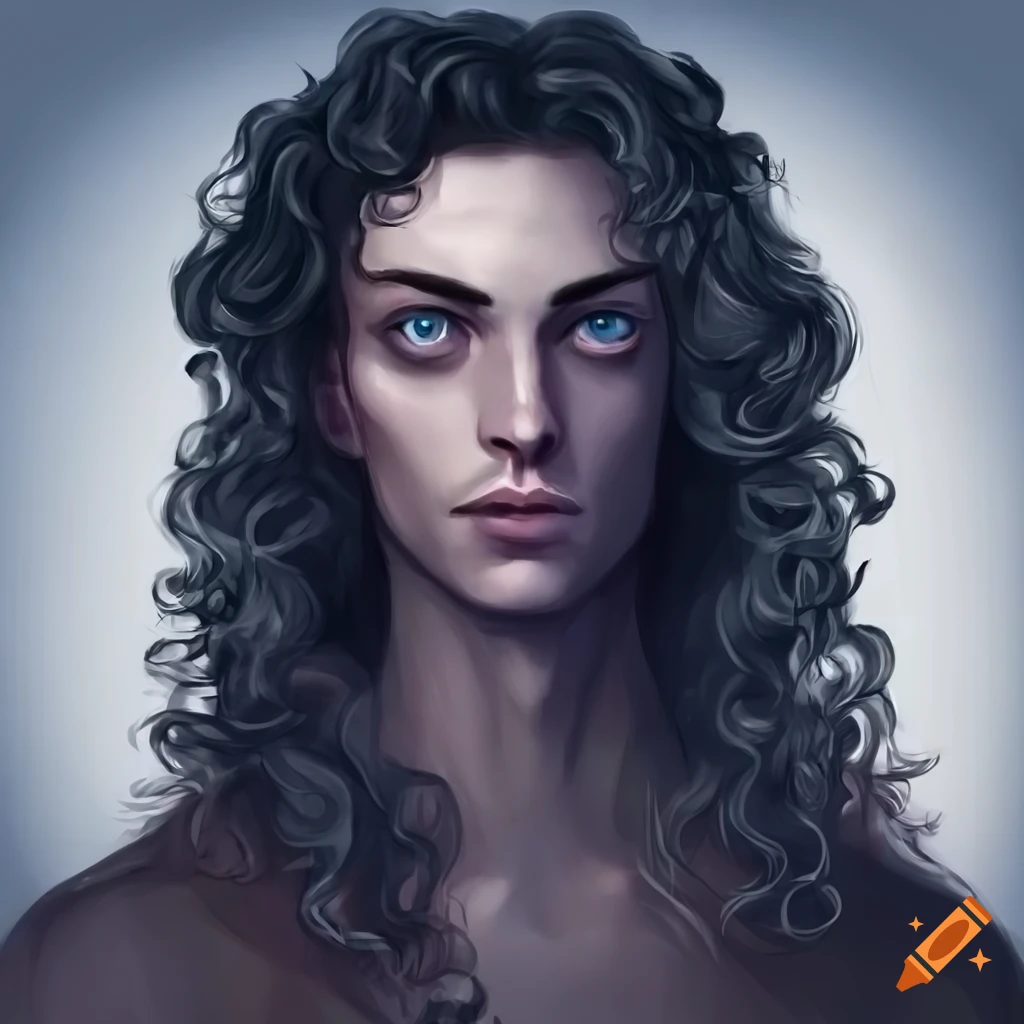 Illustration of a handsome male with long curly hair and medieval ...