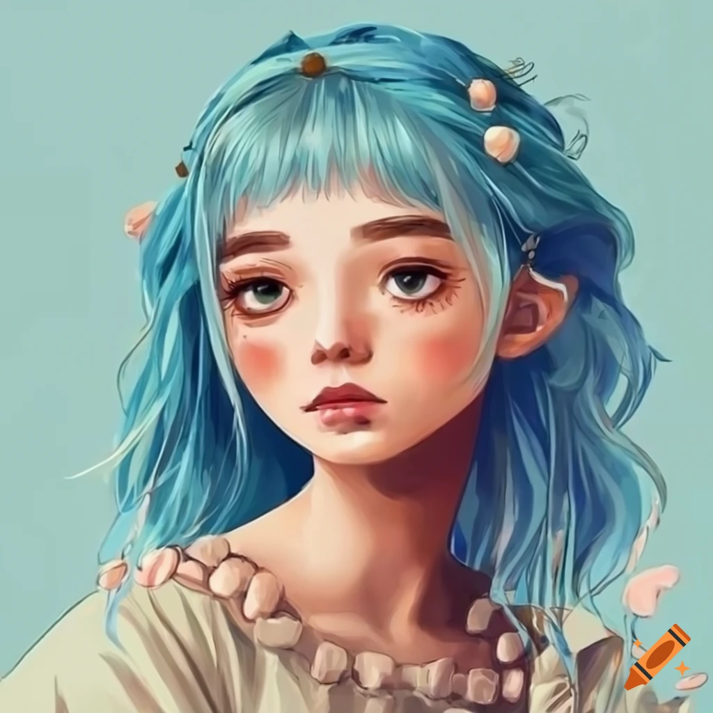 Cute cottagecore girl with blue hair and brown skin