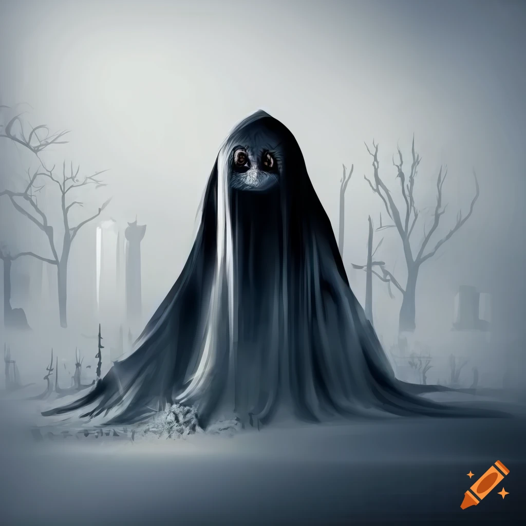 Ghost in an old abandoned graveyard with realistic architecture