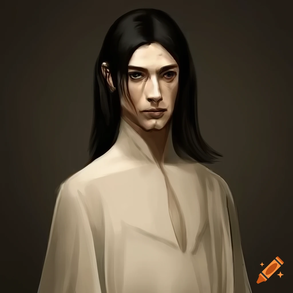 Illustration of a handsome male with shoulder-length black hair in a medieval setting