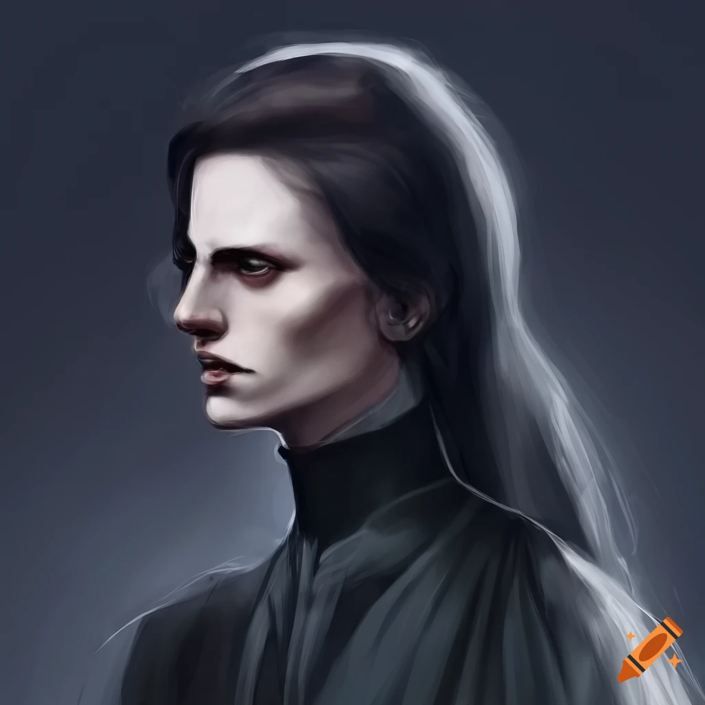 Illustration of a handsome male with shoulder-length black hair in a medieval setting
