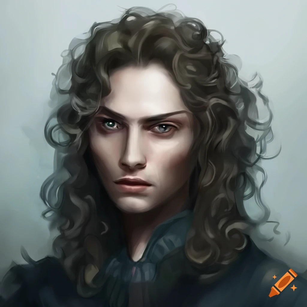 Illustration of a handsome male with long curly hair and medieval ...