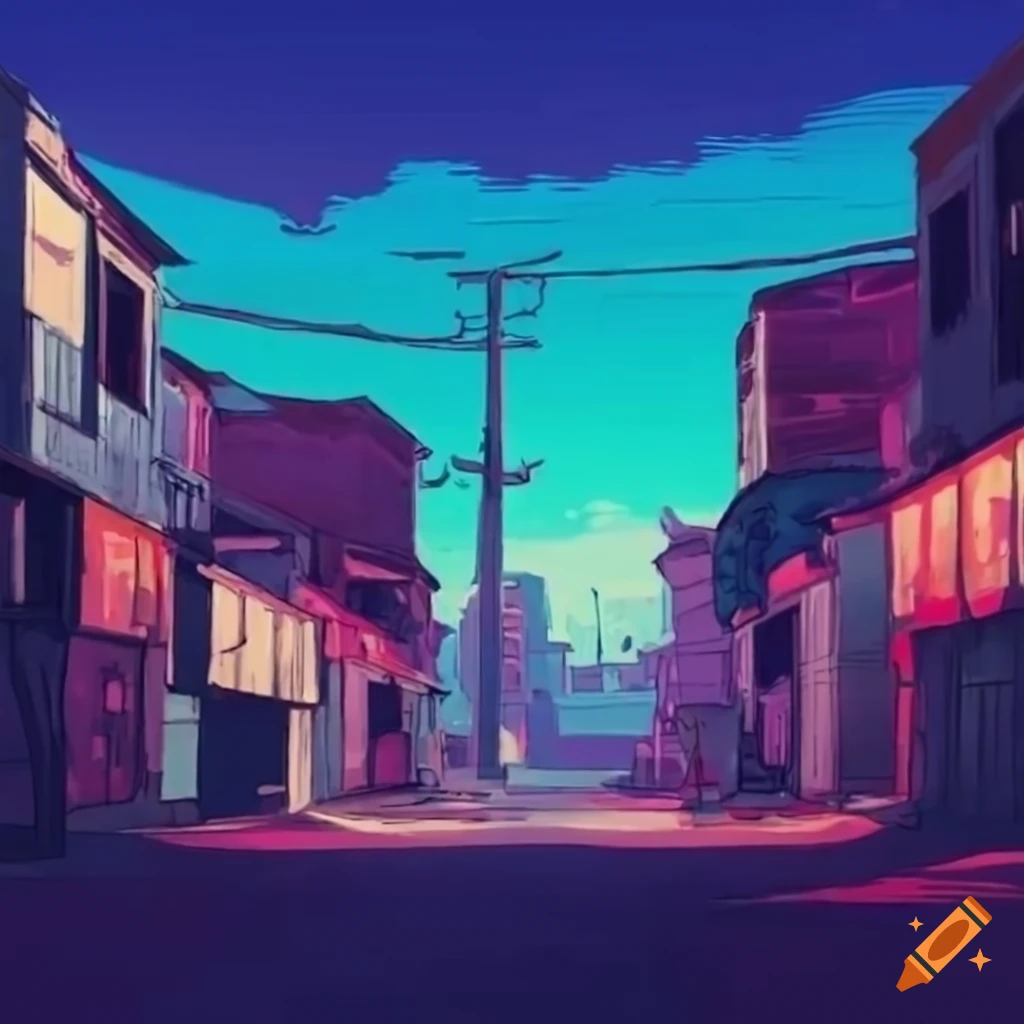 Wide angle view of retro anime-style city slums on Craiyon