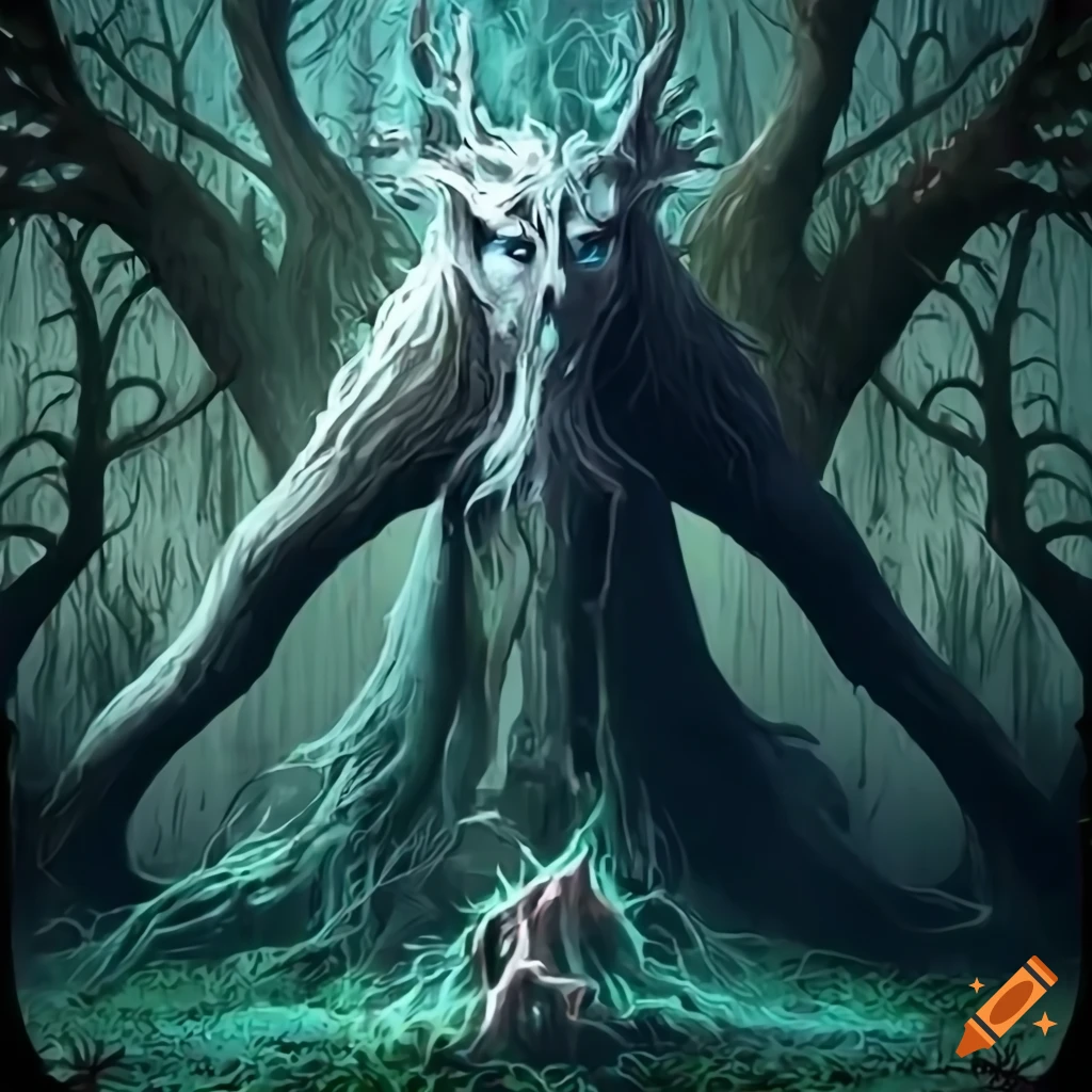 Tree-spirit fantasy design with sharp contrasts on Craiyon