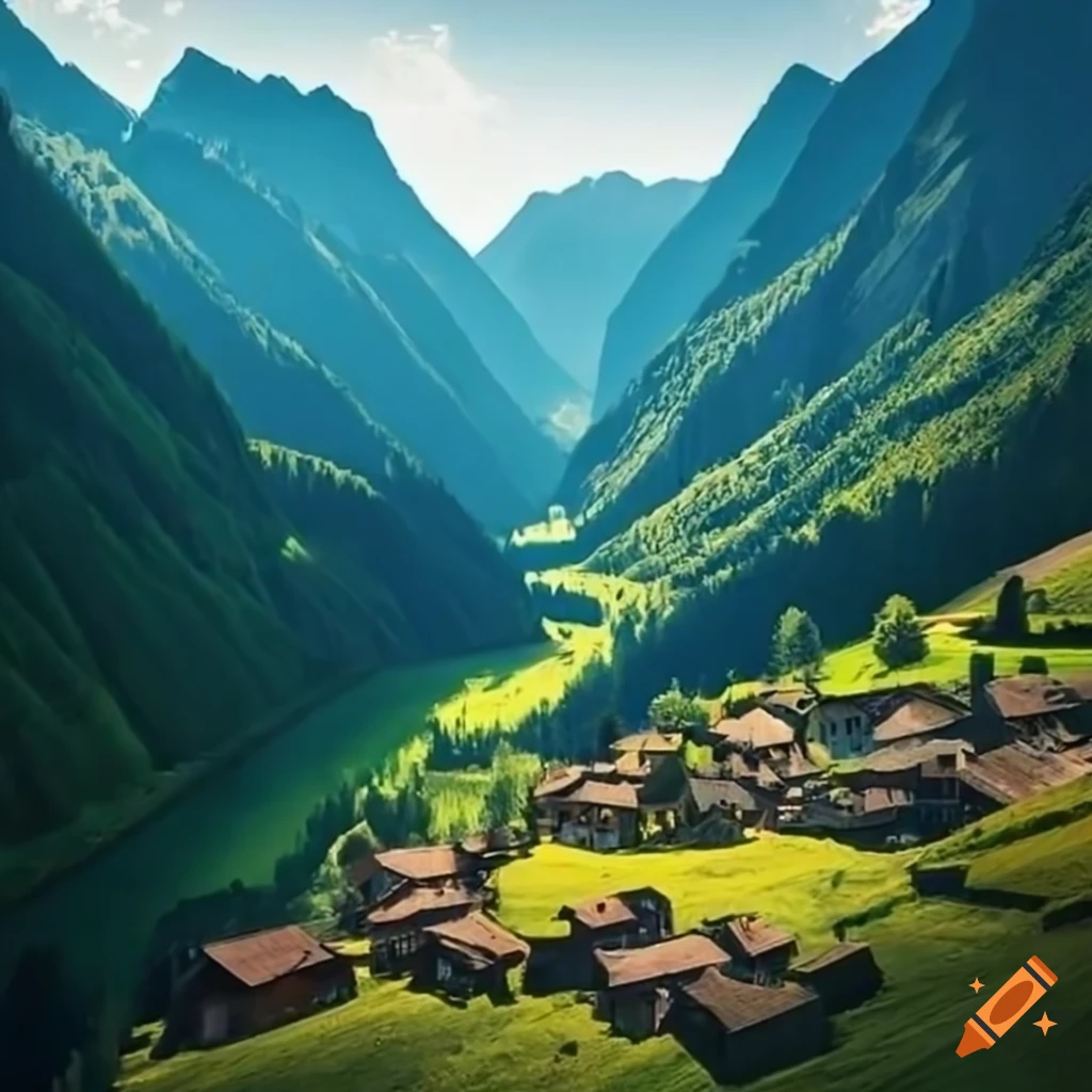 Rustic village nestled in a serene valley surrounded by mountains on ...