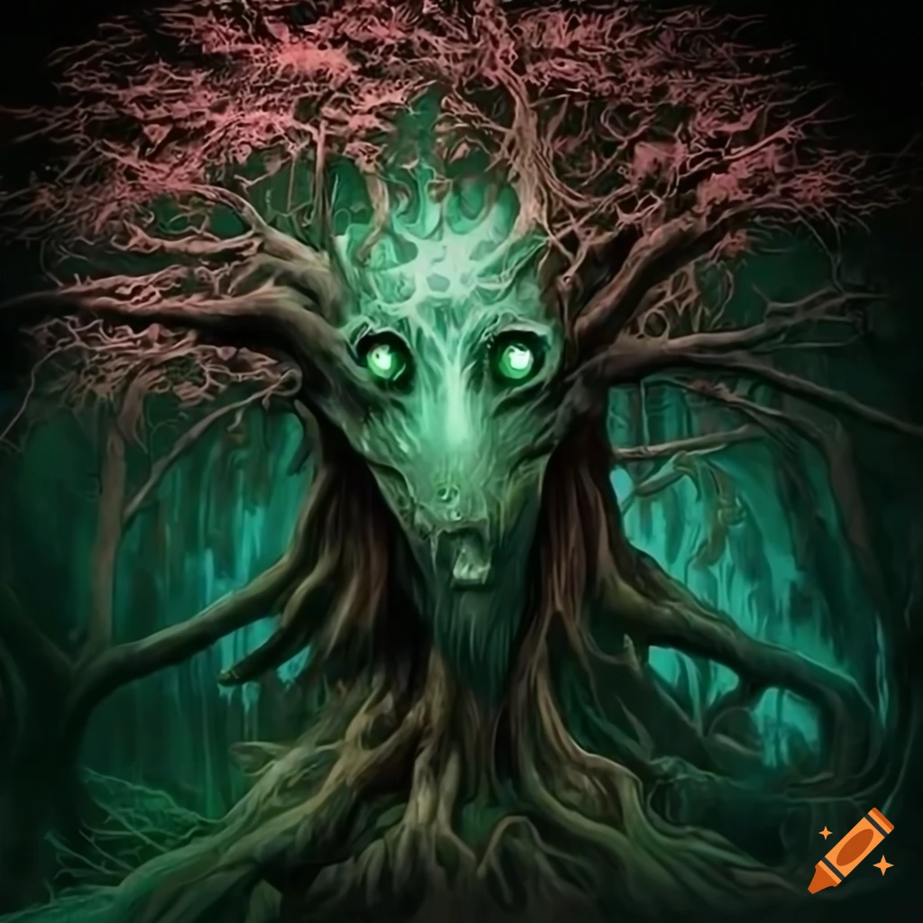 Tree spirit fantasy design with sharp contrasts and white edges on Craiyon