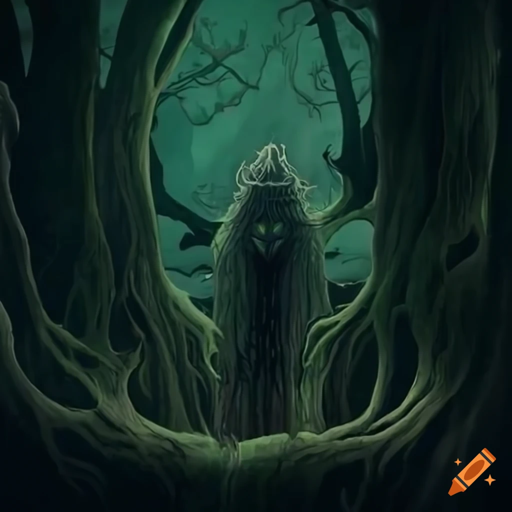 Tree-spirit fantasy design with sharp contrasts and white edges