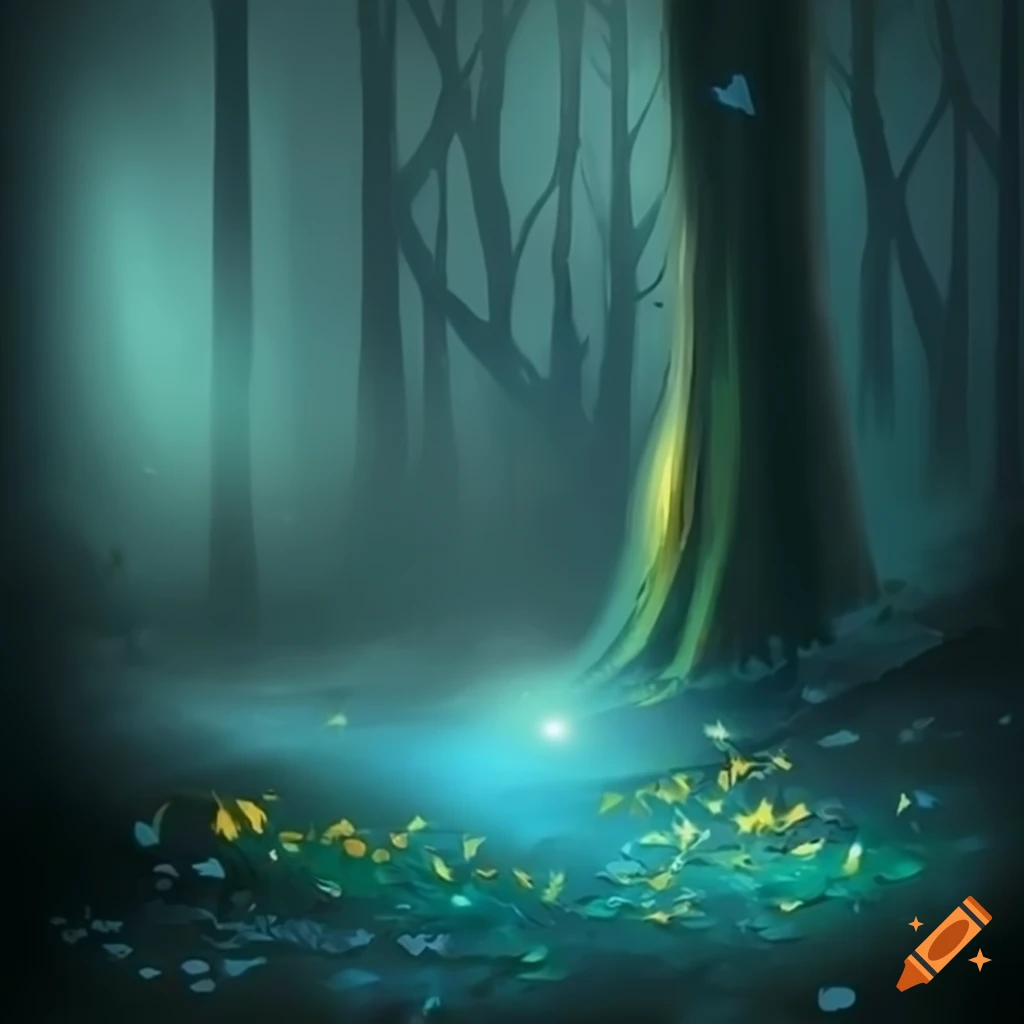 Enchanted forest path lit by fireflies leading to a distant glow on Craiyon