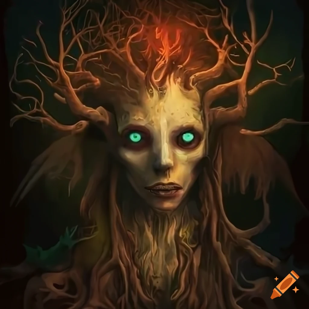 Tree-spirit fantasy design with sharp contrasts in 8k resolution