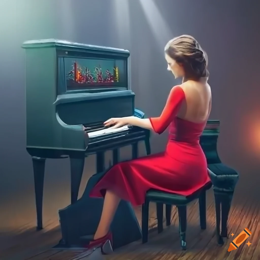 Elegant lady playing the piano in a sunny room with ice and colorful lights