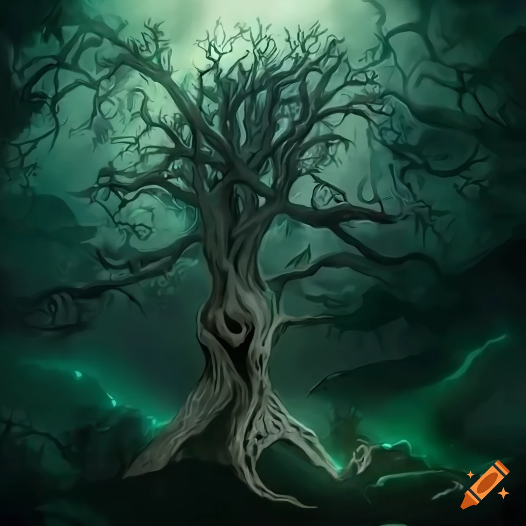 Tree spirit fantasy design with sharp contrasts and white edges on Craiyon