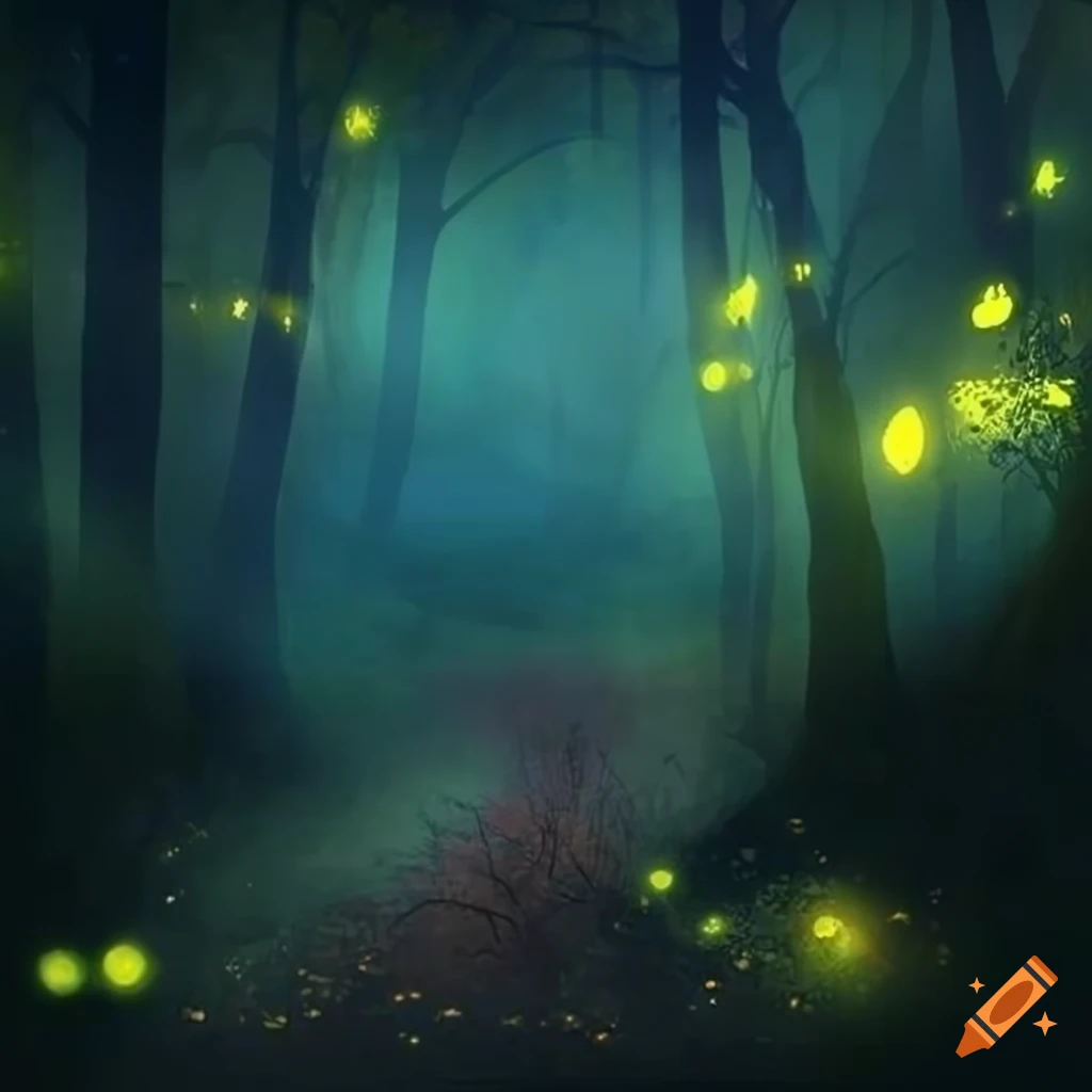 Enchanted forest path lit by fireflies and glowing silver and gold ...