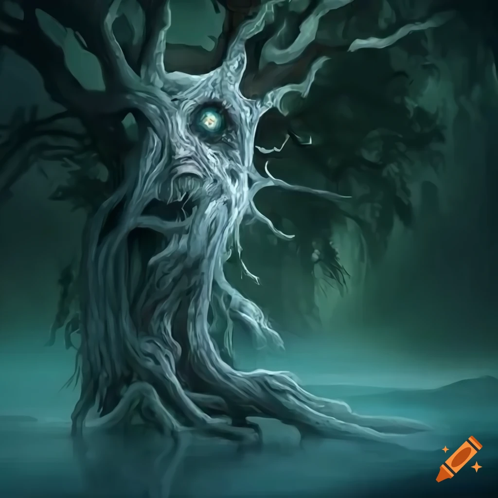 Tree spirit fantasy design with sharp contrasts and white edges on Craiyon