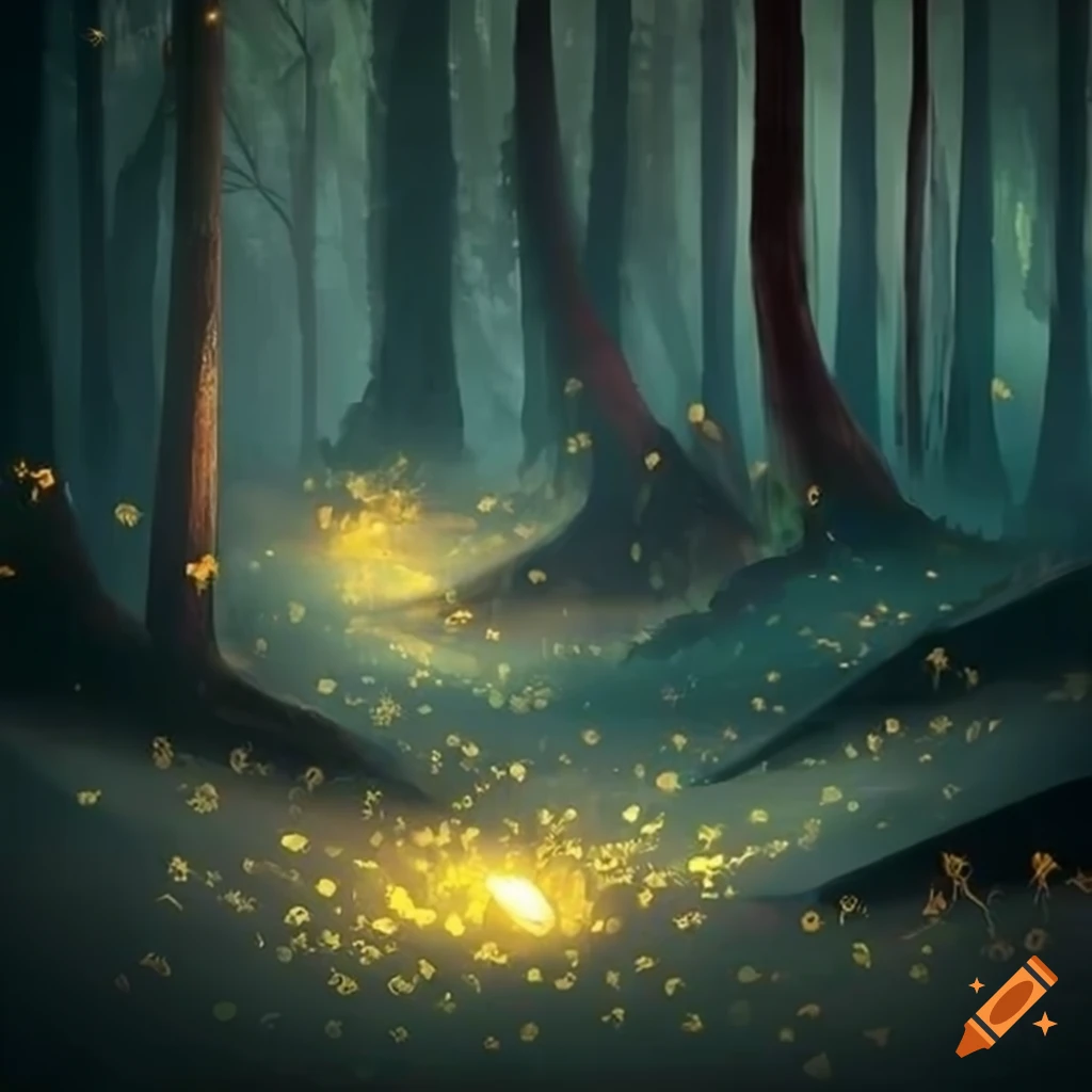 Path lit by fireflies in a mystical forest with glowing silver and gold ...