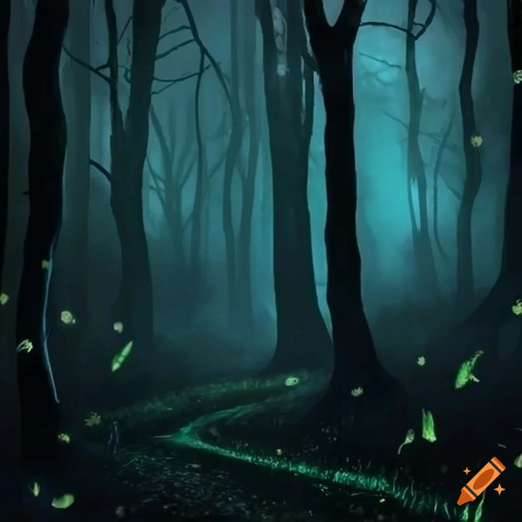 Path lit by fireflies in a dark forest leading towards a distant glow ...
