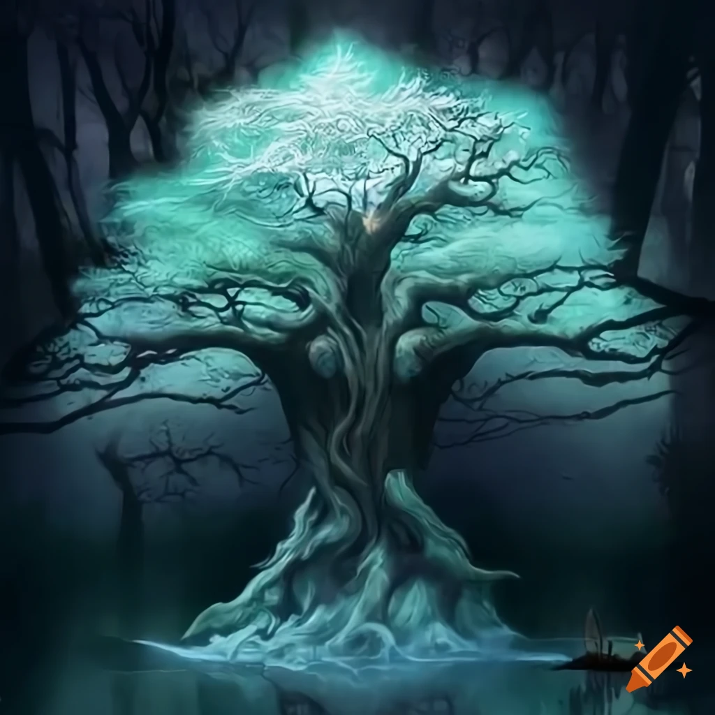 Tree spirit fantasy design with sharp contrasts and white edges on Craiyon