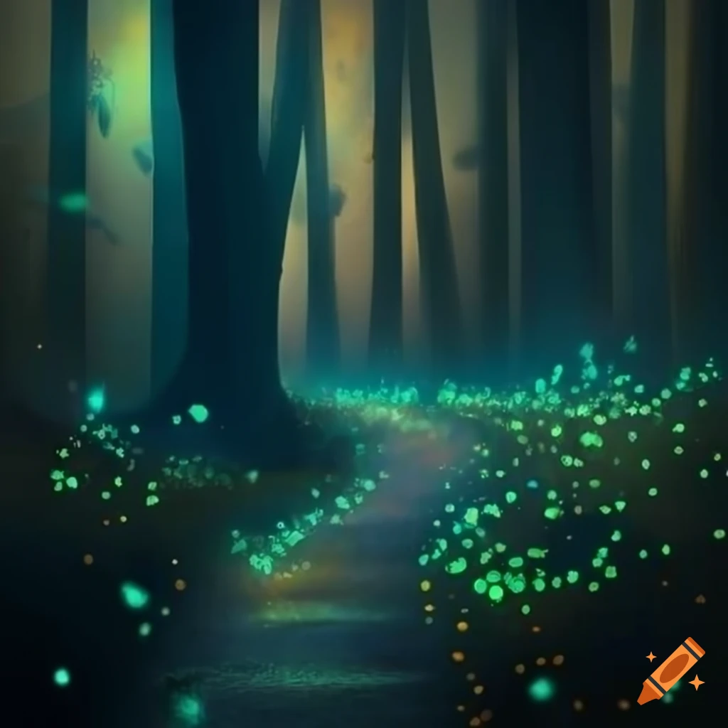 Path lit by fireflies through a glowing forest in photo-realistic ...