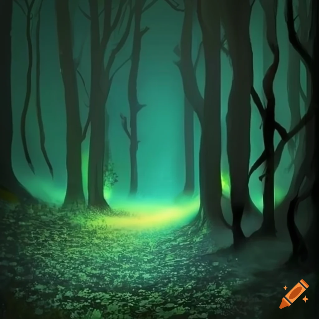 Illlustration of a firefly-lit path through a dark forest towards a ...