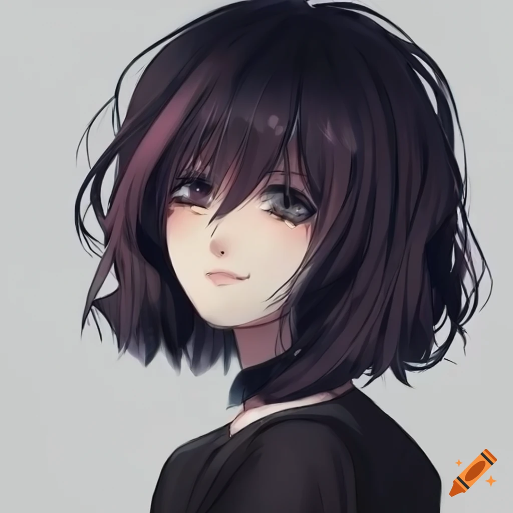 Cool anime girl with short messy black hair