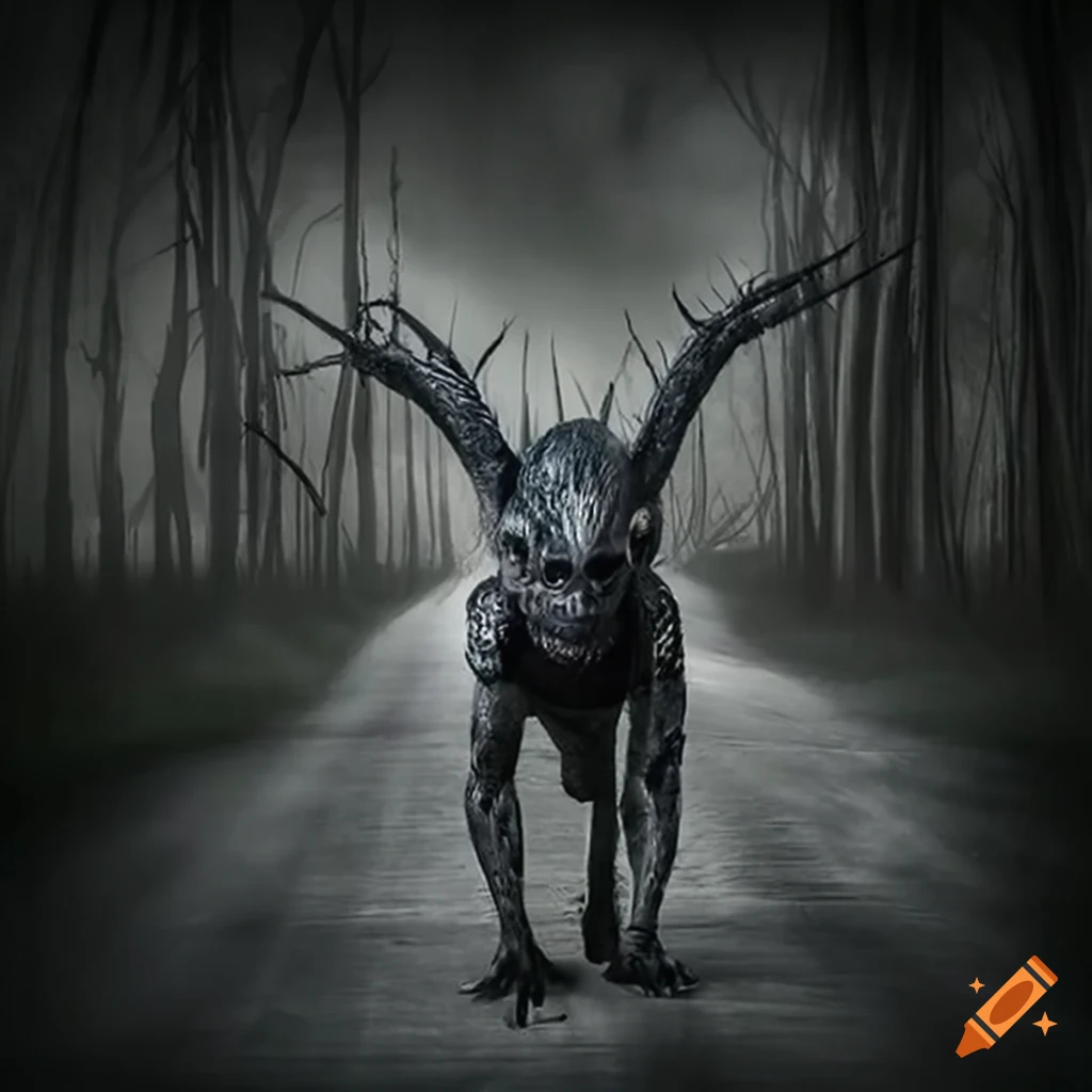 Lanky creatures striding across dark fields in a horror setting