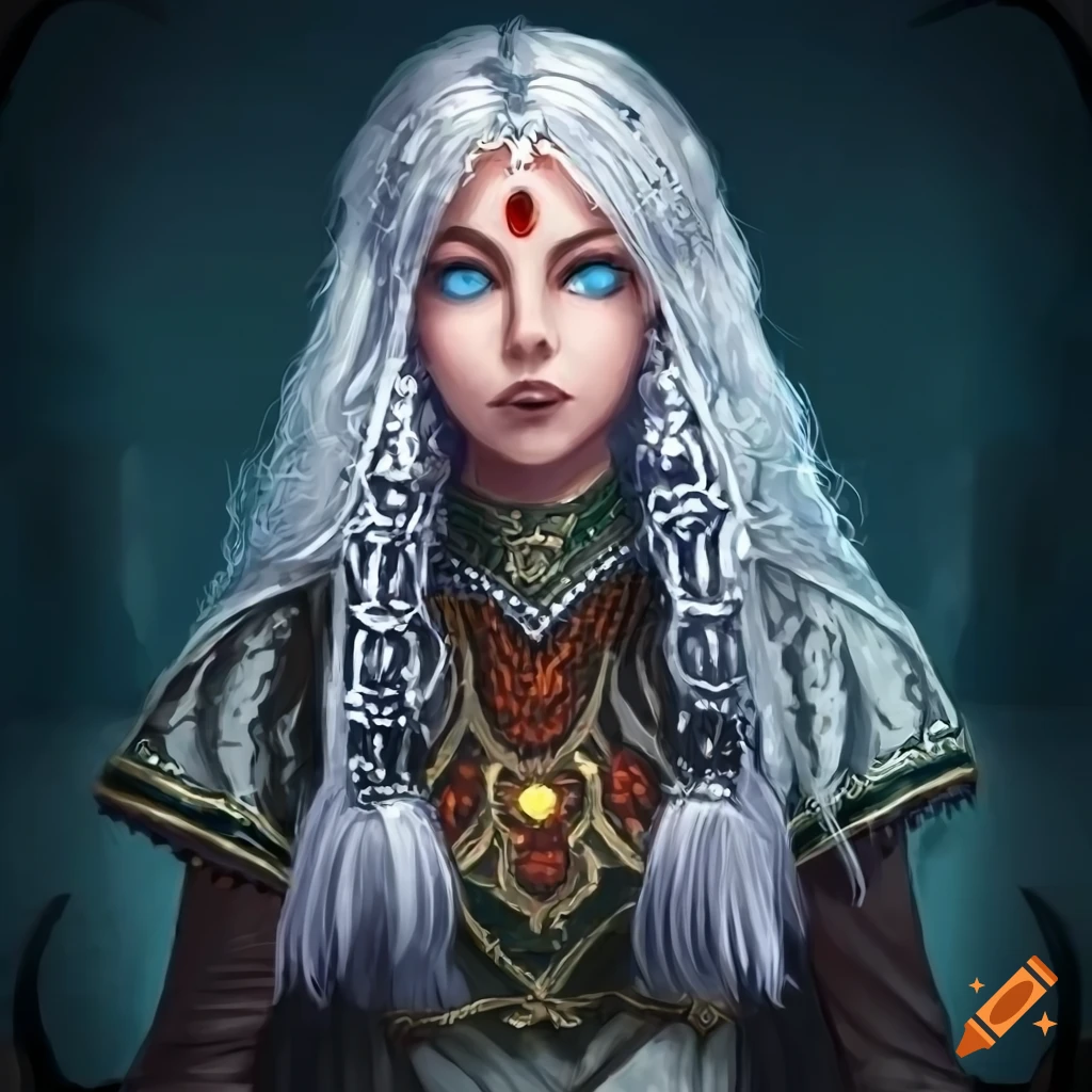 Shy young female kalashtar with silver hair and blue eyes wearing gray grave cleric robes and tall boots
