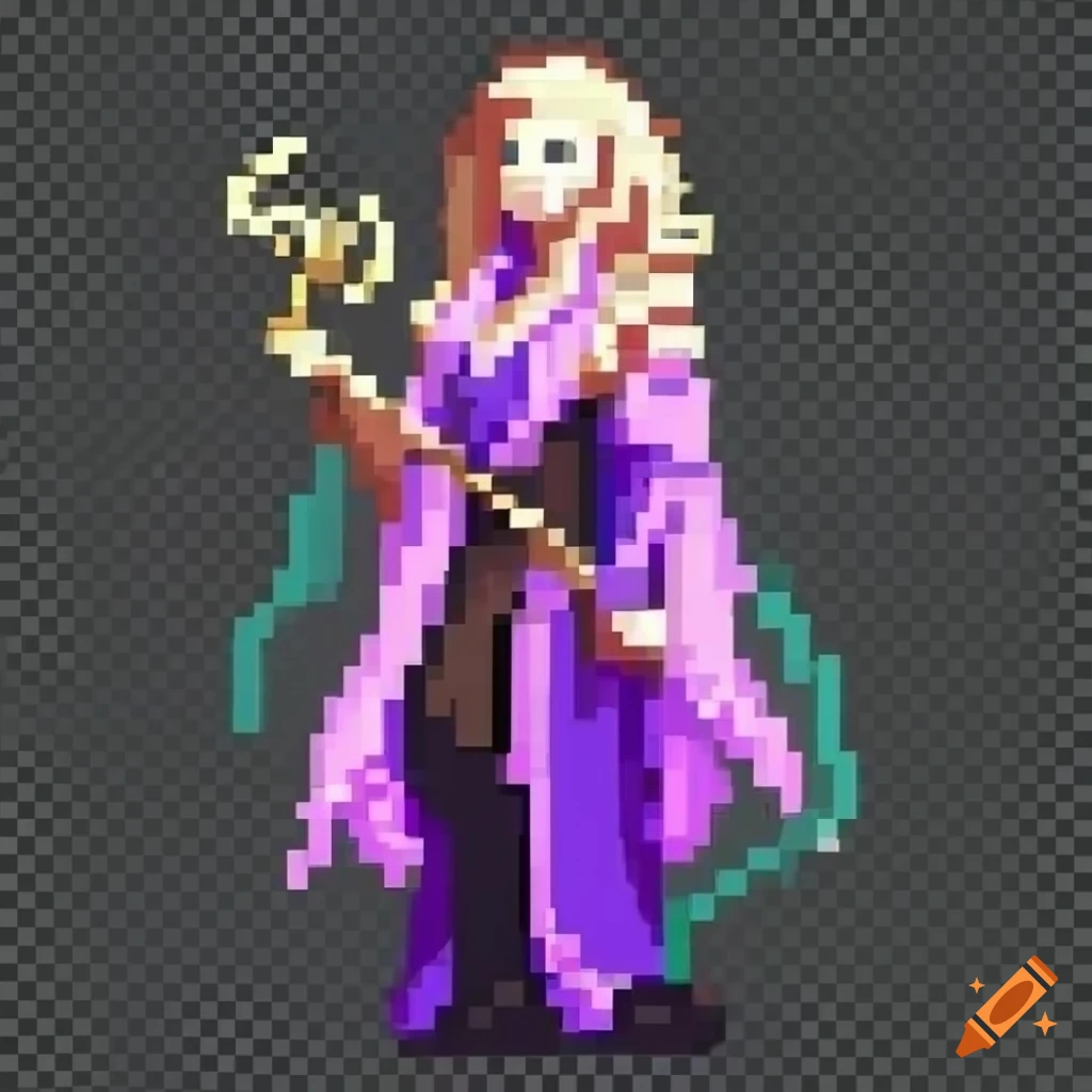 Pixel art illustration of a sorceress with long robes and a magic staff in hand