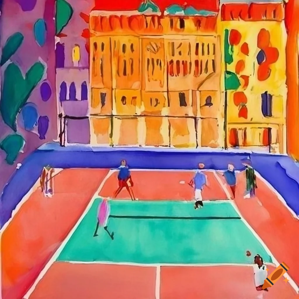 Tennis court with watercolor magic influenced by henri matisse, pablo