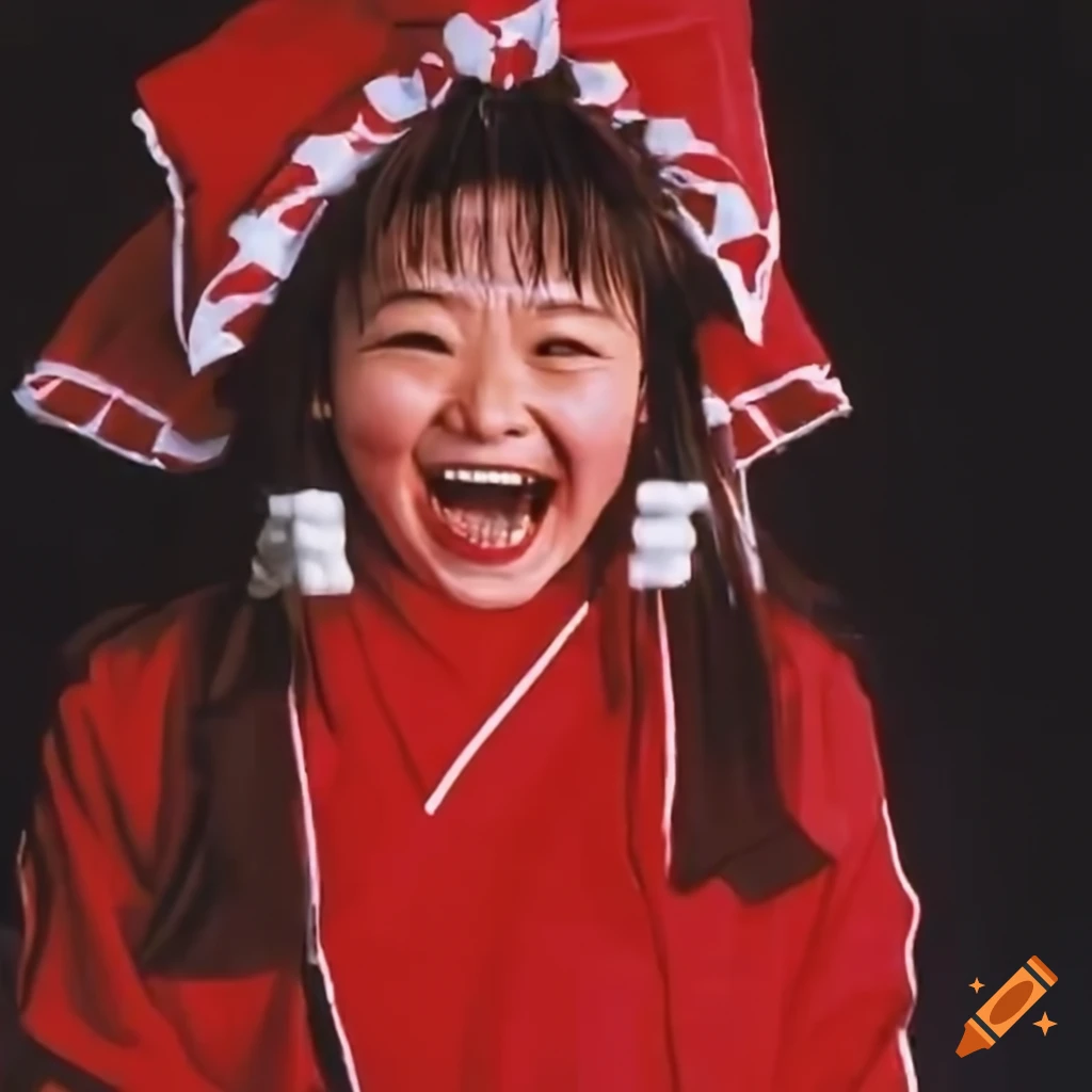 Reimu hakurei in red tracksuit laughing in vhs style on Craiyon