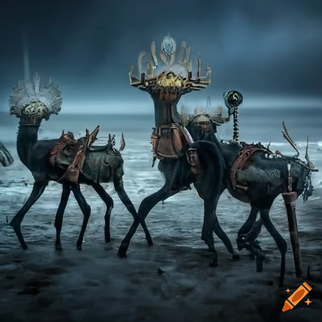 4 steampunk war goats dancing on a frozen lake on Craiyon